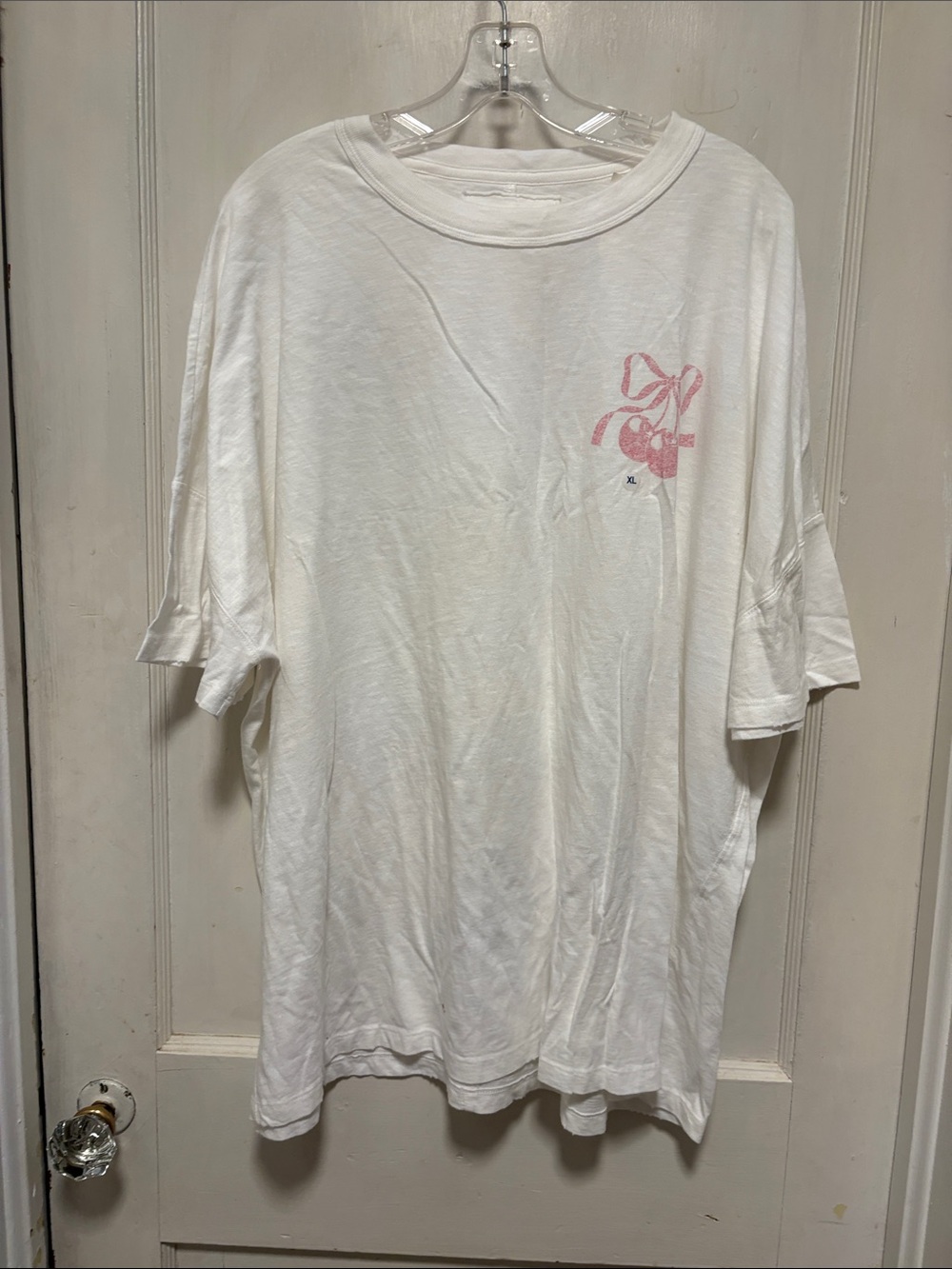aerie White Short-Sleeve Oversized Boxy Tee with Pink Cherry Bow Graphic X-large
